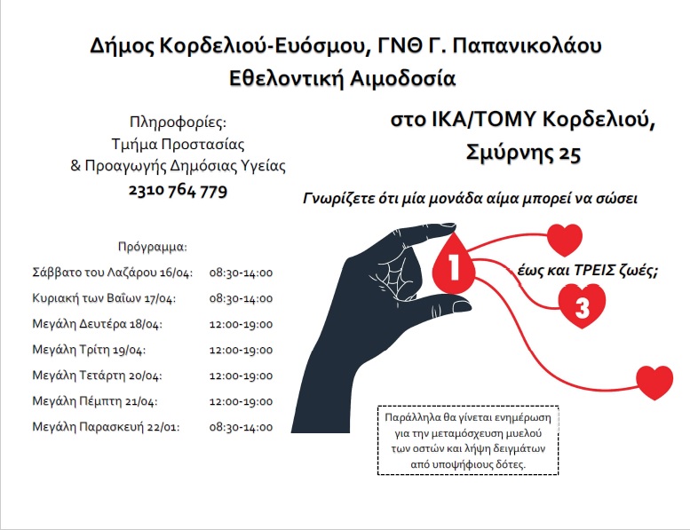 Δ. Κορδελιού-Ευόσμου: Εθελοντική αιμοδοσία όλη τη Μεγάλη Εβδομάδα