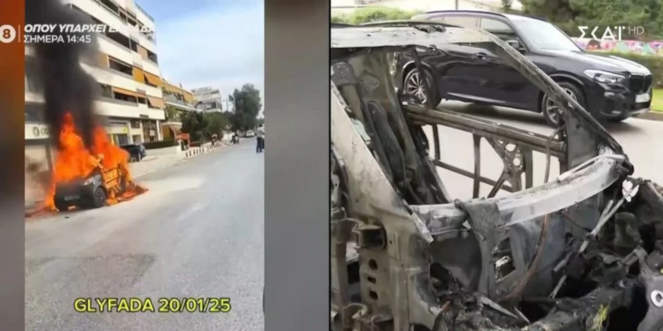 Γλυφάδα: Αυτοκίνητο τυλίχτηκε στις φλόγες (Video)