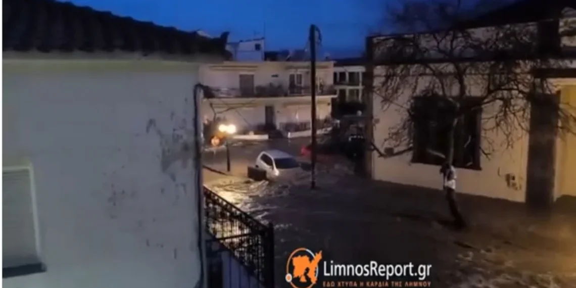 Σφοδρή κακοκαιρία στη Λήμνο: Περιοχές μετατράπηκαν σε λίμνες (video)
