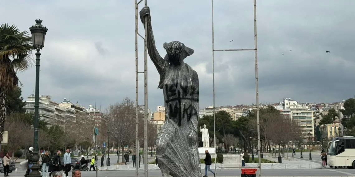 Σοκ στη Θεσσαλονίκη: Μοναχός βανδάλισε το γλυπτό «Γυναίκα στο λεωφορείο»
